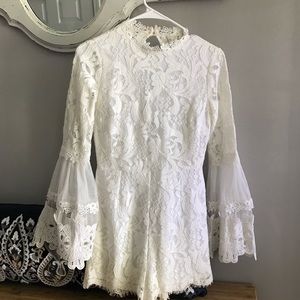 Pink Owl White Mock Neck Bell Sleeve Lace Romper